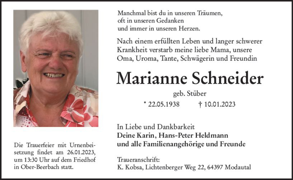  Traueranzeige für Marianne Schneider vom 21.01.2023 aus Darmstädter Echo