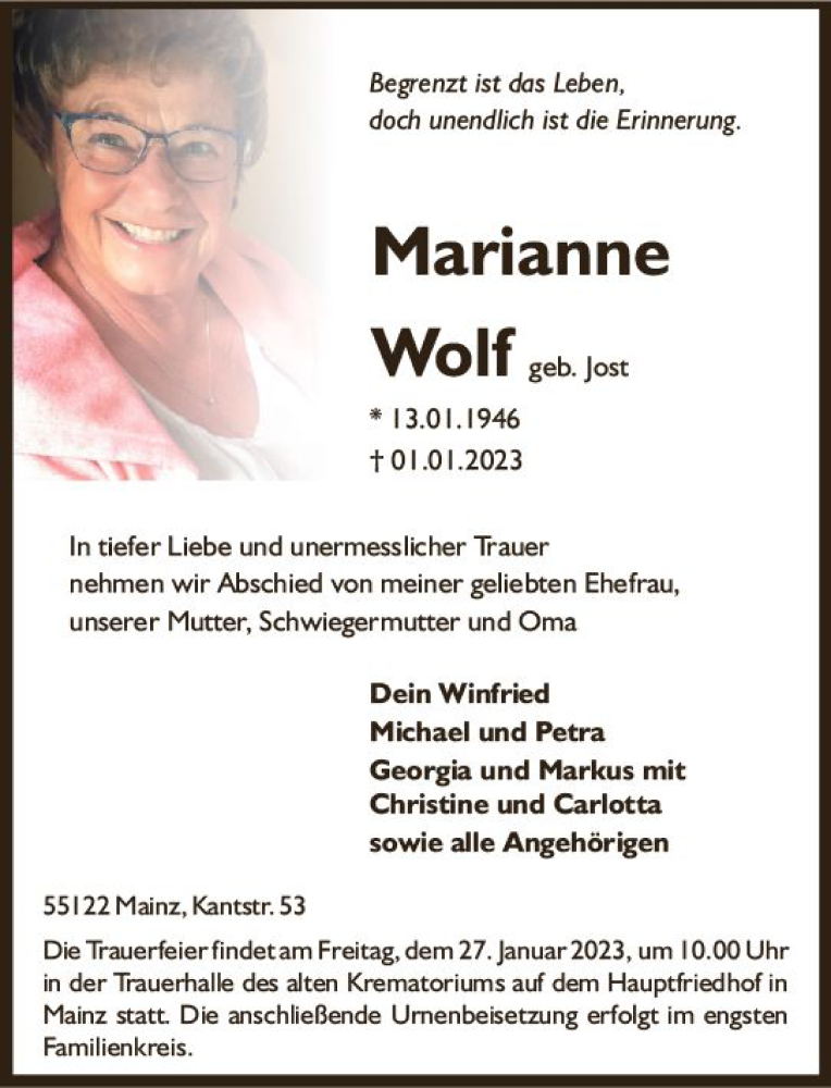  Traueranzeige für Marianne Wolf vom 14.01.2023 aus Allgemeine Zeitung Mainz