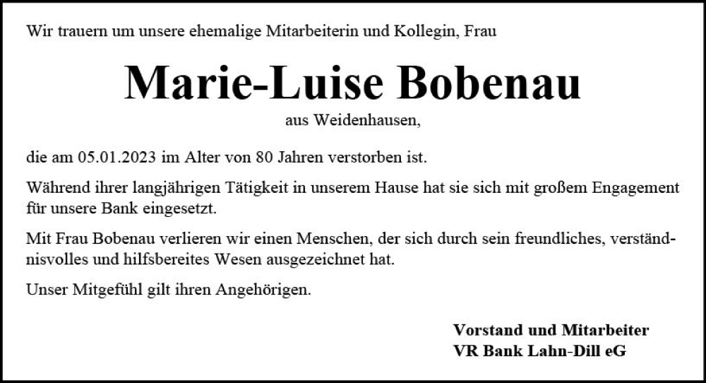  Traueranzeige für Marie-Luise Bobenau vom 17.01.2023 aus Hinterländer Anzeiger