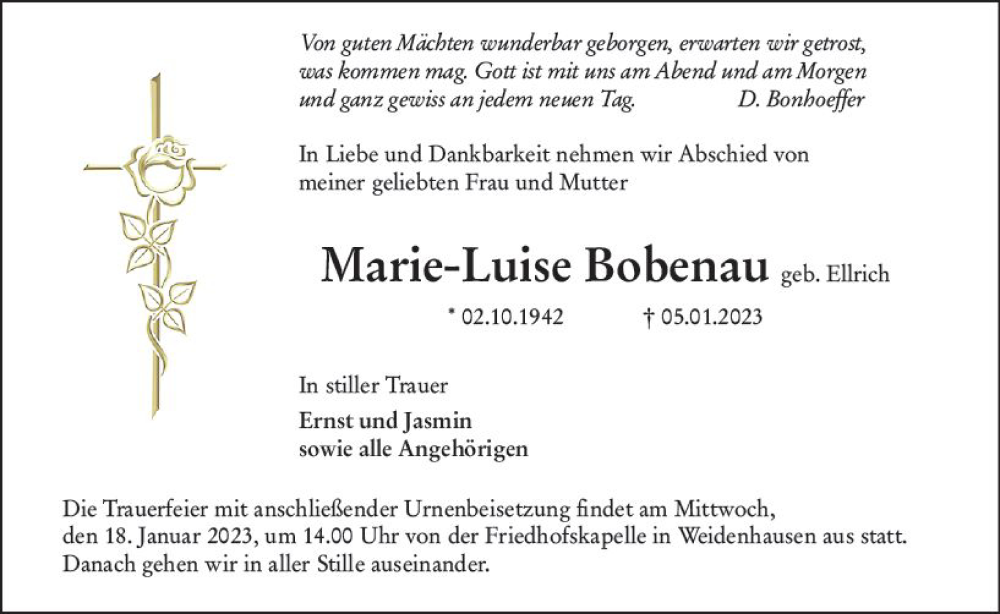  Traueranzeige für Marie-Luise Bobenau vom 14.01.2023 aus Hinterländer Anzeiger