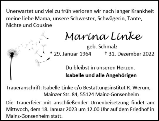 Traueranzeige von Marina Linke von Allgemeine Zeitung Mainz