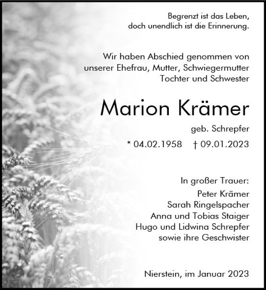  Traueranzeige für Marion Krämer vom 28.01.2023 aus Allgemeine Zeitung Mainz