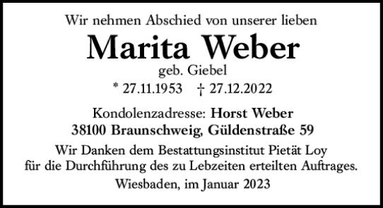 Traueranzeige von Marita Weber von Wiesbadener Kurier gesamt