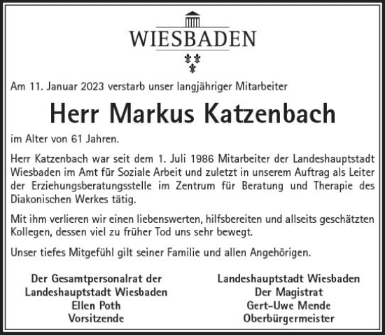 Traueranzeige von Markus Katzenbach von Wiesbadener Kurier gesamt