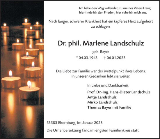 Traueranzeige von Marlene Landschulz von Allgemeine Zeitung Bad Kreuznach