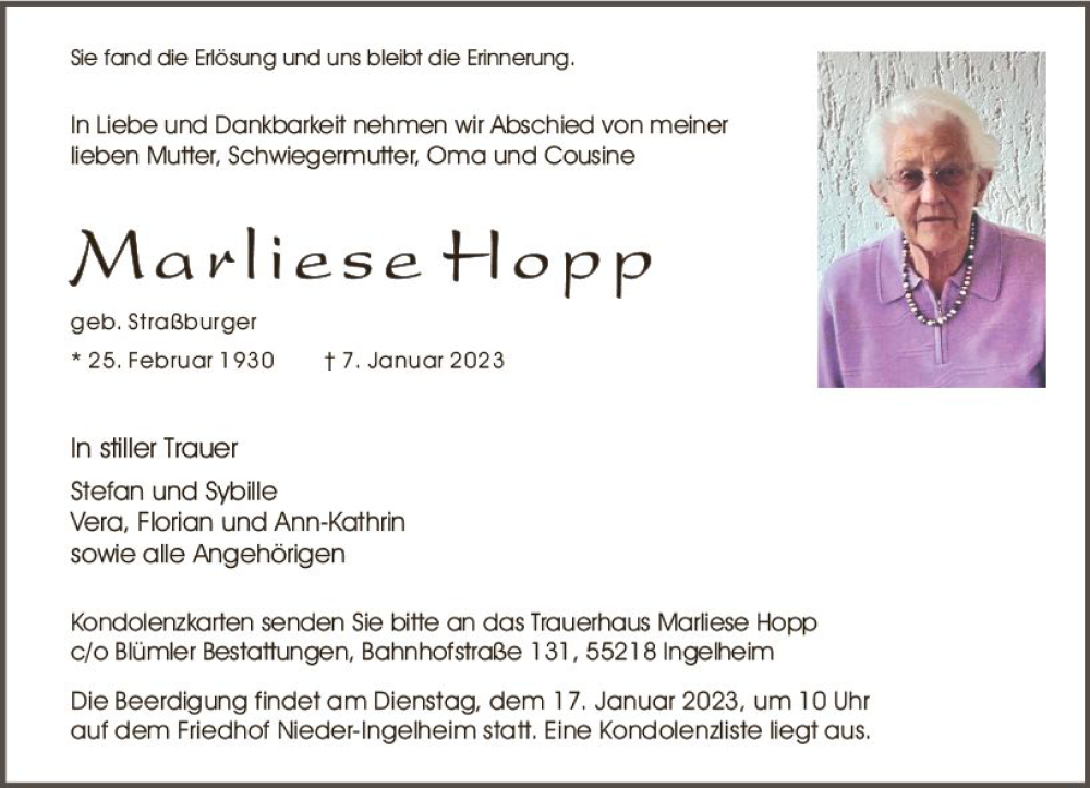  Traueranzeige für Marliese Hopp vom 14.01.2023 aus Allgemeine Zeitung Ingelheim-Bingen