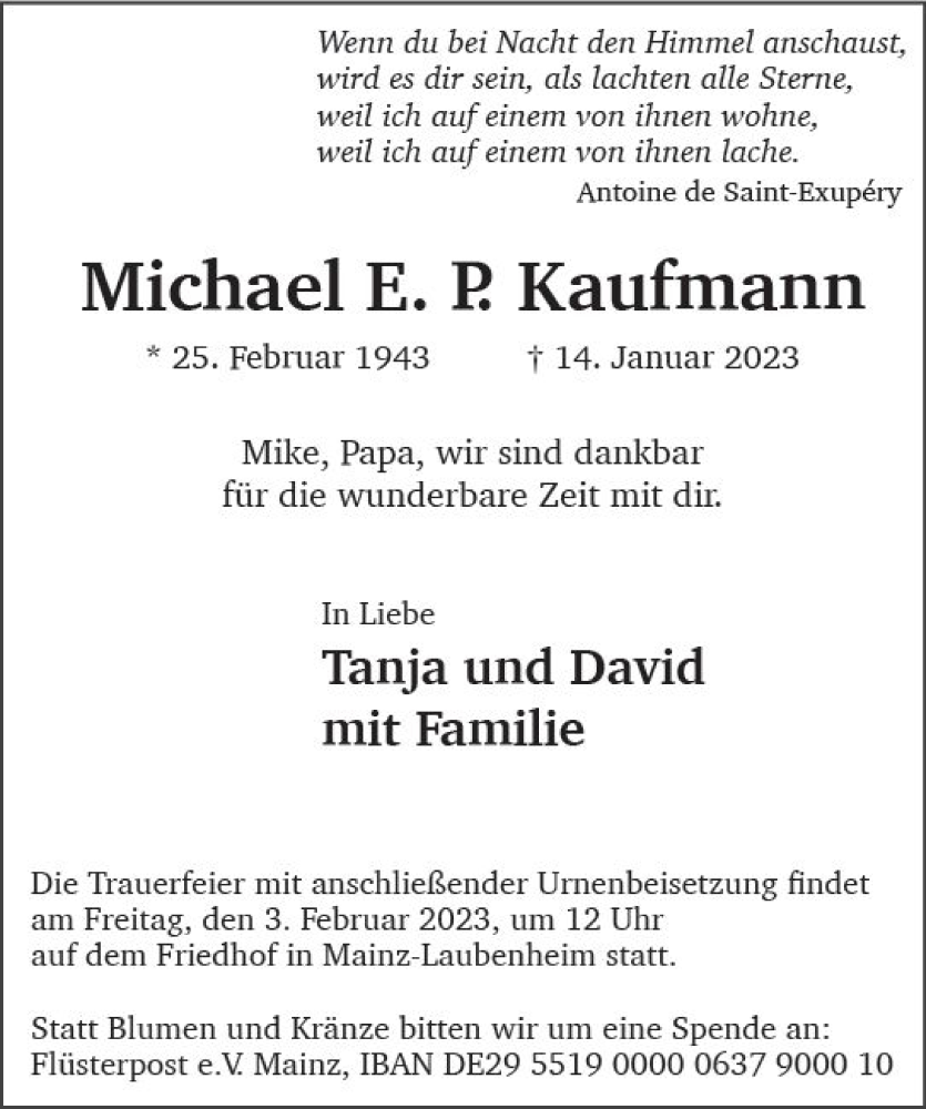  Traueranzeige für Michael E. P. Kaufmann vom 21.01.2023 aus Allgemeine Zeitung Mainz