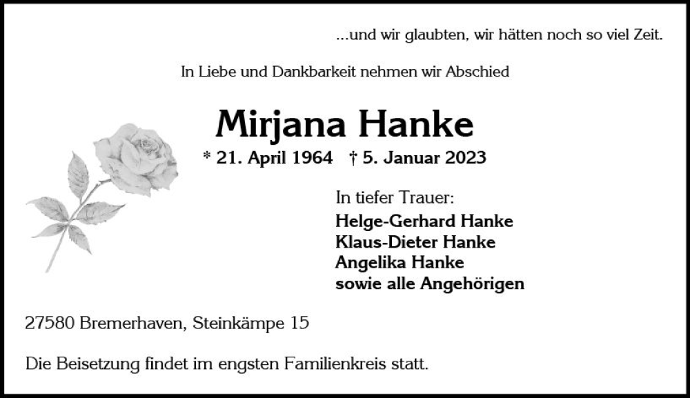  Traueranzeige für Mirjana Hanke vom 14.01.2023 aus Wiesbadener Kurier gesamt