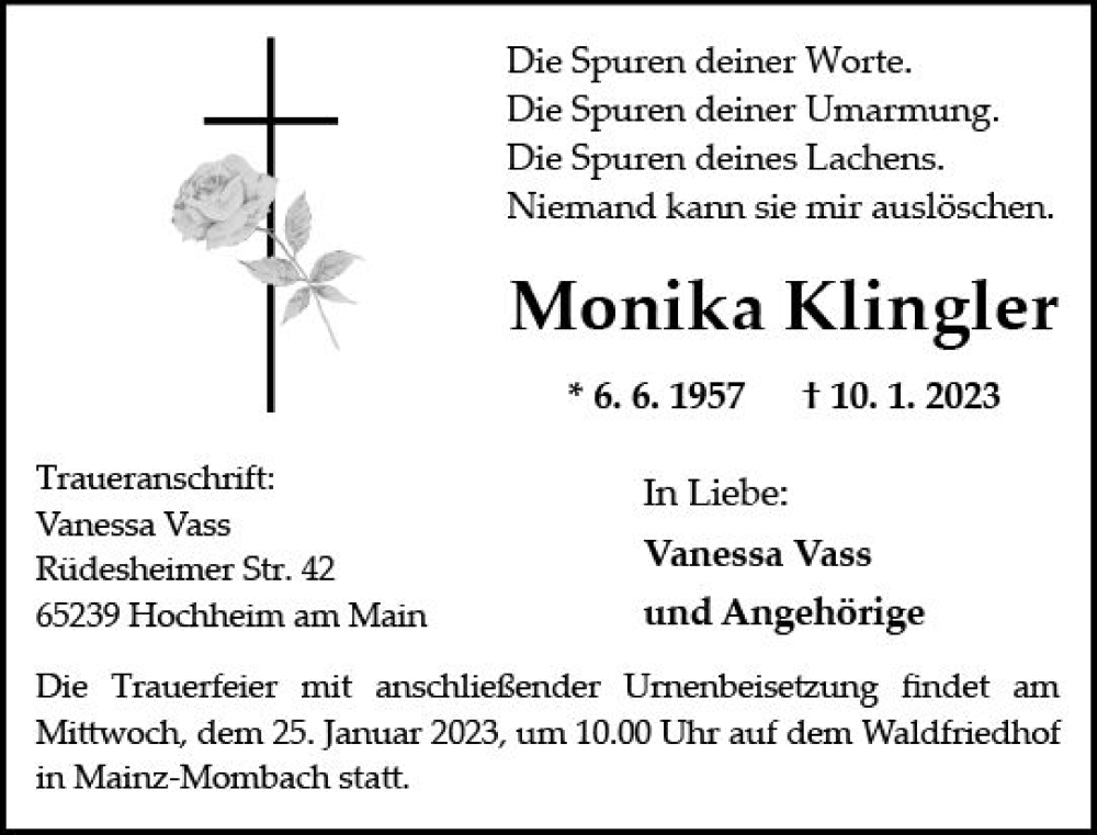  Traueranzeige für Monika Klingler vom 21.01.2023 aus Allgemeine Zeitung Mainz