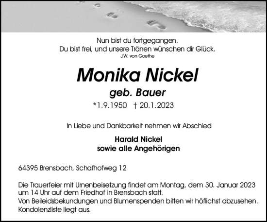 Traueranzeige von Monika Nickel von Odenwälder Echo