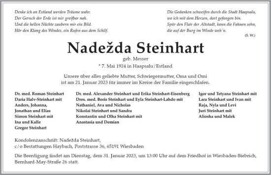 Traueranzeige von Nadezda Steinhart von Wiesbadener Kurier gesamt