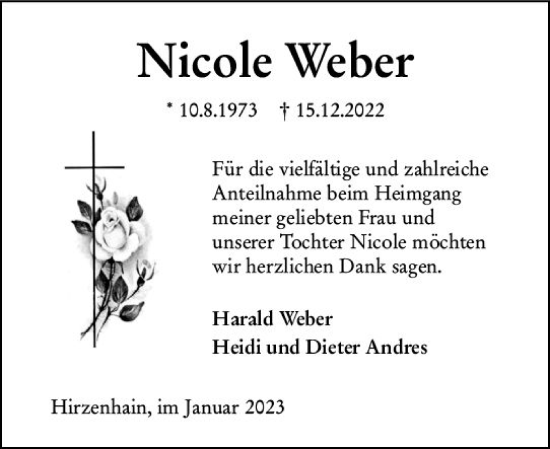 Traueranzeige von Nicole Weber von Dill Block