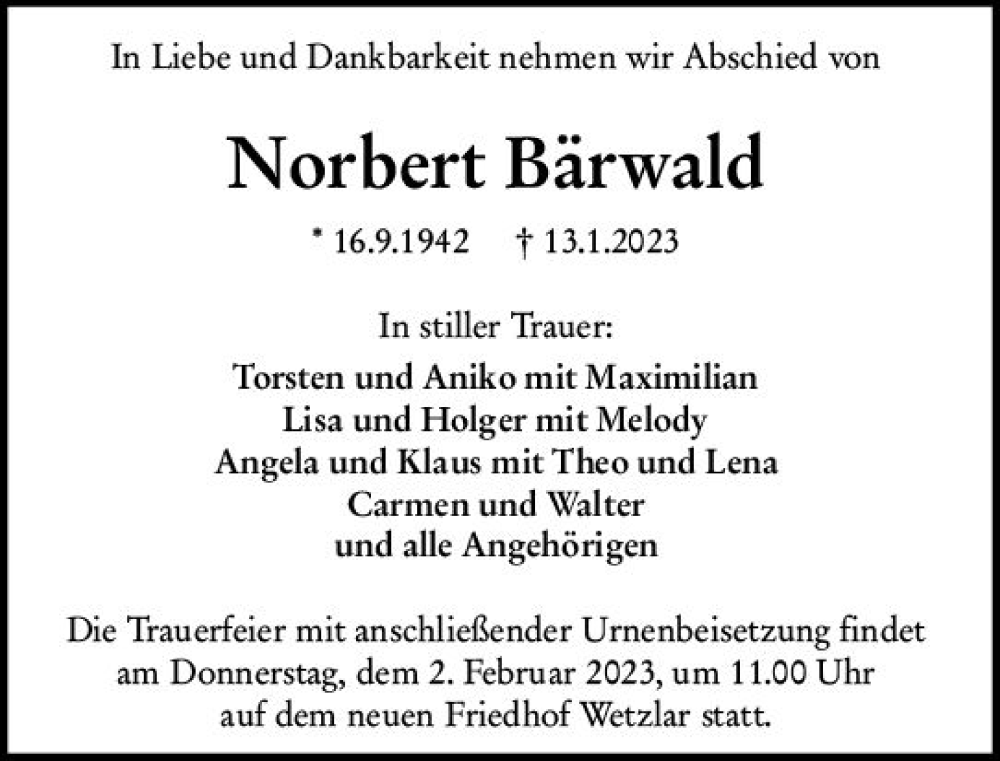  Traueranzeige für Norbert Bärwald vom 28.01.2023 aus Wetzlarer Neue Zeitung