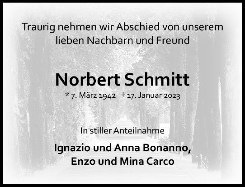  Traueranzeige für Norbert Schmitt vom 21.01.2023 aus Allgemeine Zeitung Mainz