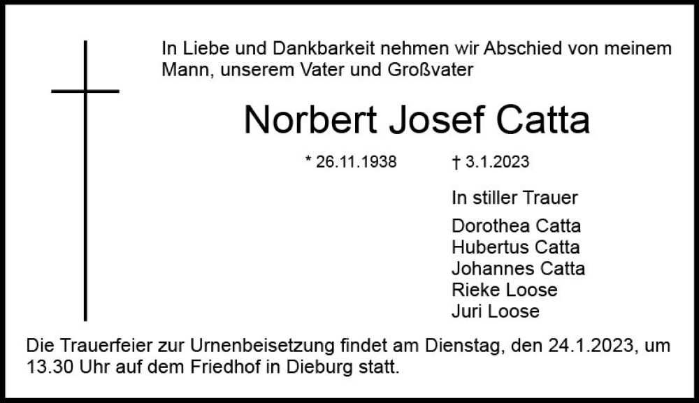  Traueranzeige für Norbert Josef Catta vom 21.01.2023 aus DieburgerAnzeiger/Groß-Zimmerner Lokalanzeiger