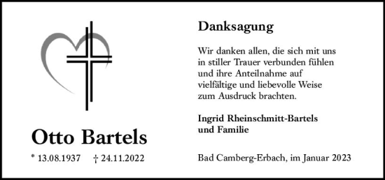 Traueranzeige von Otto Bartels von Camberger Anzeiger