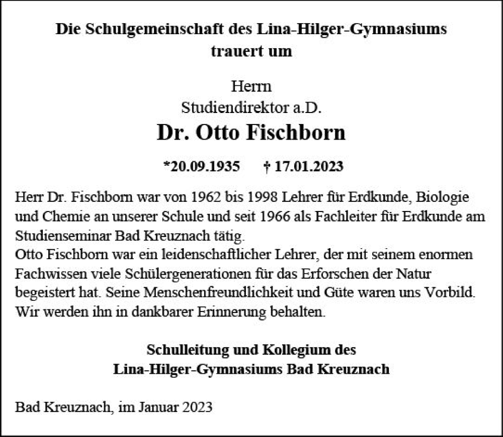  Traueranzeige für Otto Fischborn vom 21.01.2023 aus Allgemeine Zeitung Bad Kreuznach