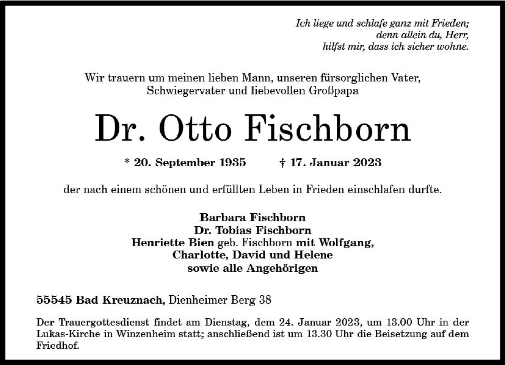  Traueranzeige für Otto Fischborn vom 21.01.2023 aus Allgemeine Zeitung Bad Kreuznach