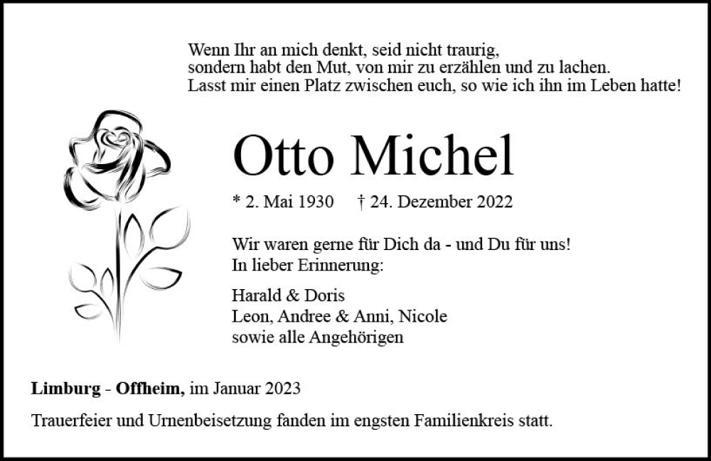  Traueranzeige für Otto Michel vom 28.01.2023 aus Nassauische Neue Presse