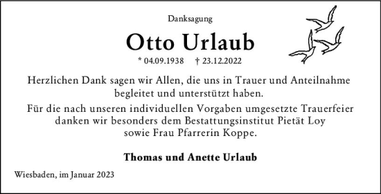 Traueranzeige von Otto Urlaub von Wiesbadener Kurier gesamt