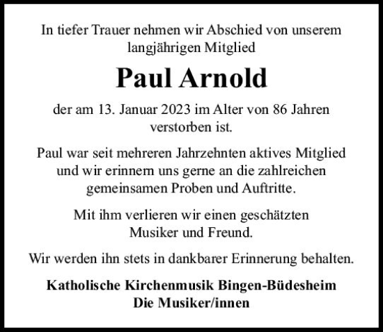 Traueranzeige von Paul Arnold von Bingen/Ingelheim Wochenblatt inkl. NBZ