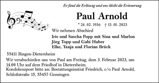 Traueranzeige von Paul Arnold von Bingen/Ingelheim Wochenblatt inkl. NBZ