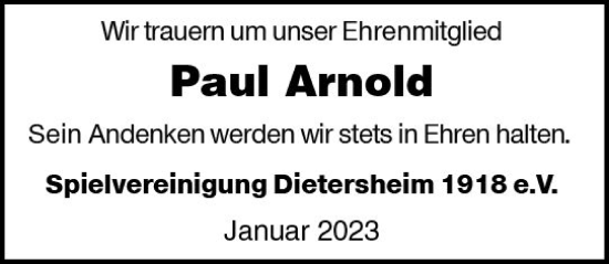 Traueranzeige von Paul Arnold von Bingen/Ingelheim Wochenblatt inkl. NBZ
