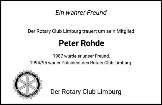 Traueranzeige von Peter Rohde von Nassauische Neue Presse