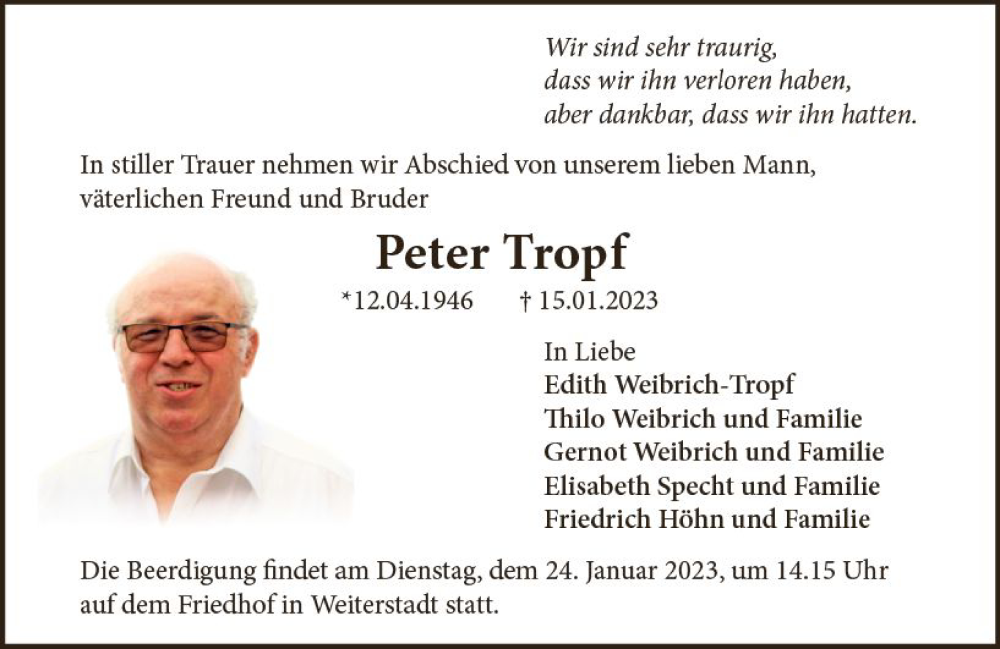  Traueranzeige für Peter Tropf vom 21.01.2023 aus Darmstädter Echo
