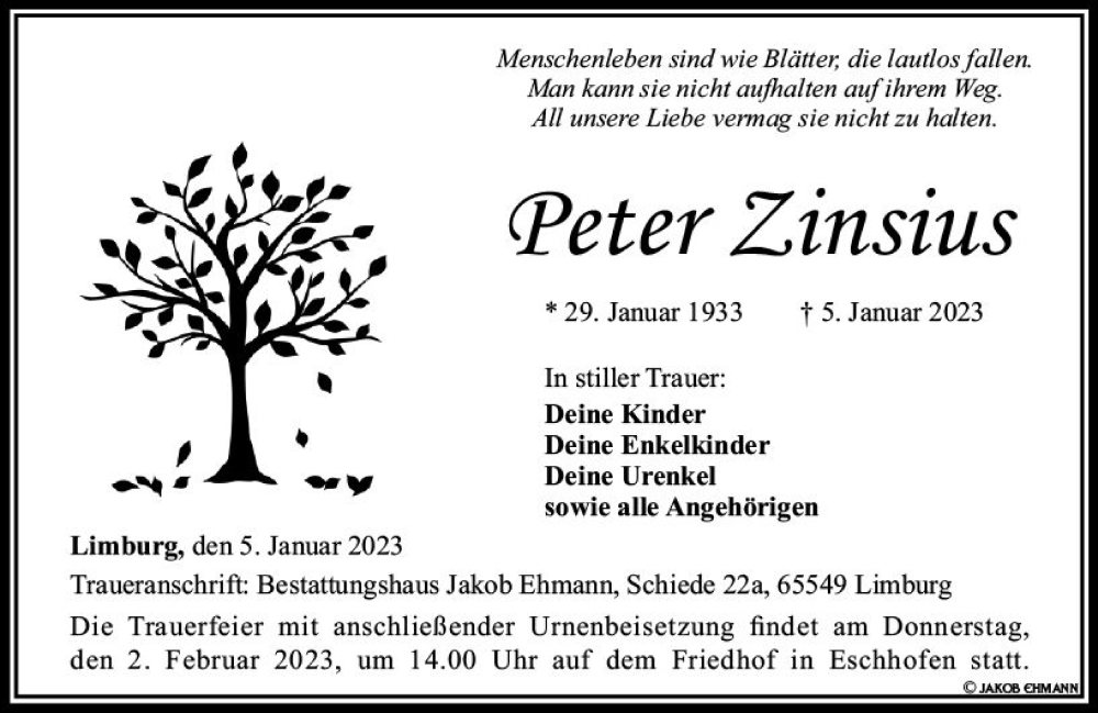  Traueranzeige für Peter Zinsius vom 28.01.2023 aus Nassauische Neue Presse