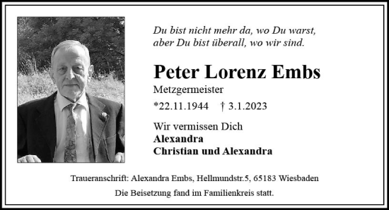 Traueranzeige von Peter Lorenz Embs von Wiesbadener Kurier gesamt