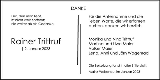 Traueranzeige von Rainer Trittruf von Allgemeine Zeitung Mainz
