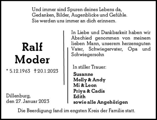 Traueranzeige von Ralf Moder von Dill Block