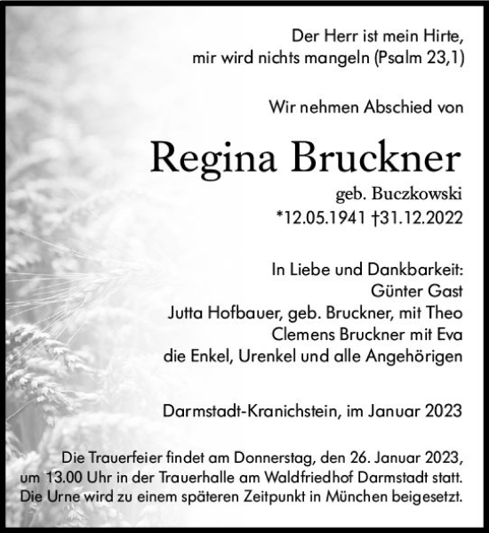 Traueranzeige von Regina Bruckner von Darmstädter Echo