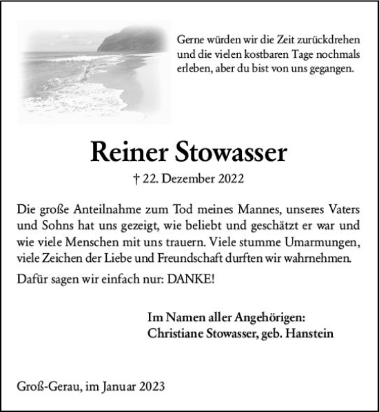 Traueranzeige von Reiner Stowasser von Rüsselsheimer Echo