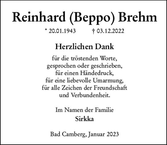 Traueranzeige von Reinhard Brehm von Camberger Anzeiger