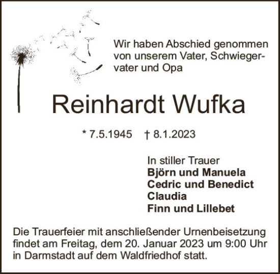 Traueranzeige von Reinhardt Wufka von Darmstädter Echo