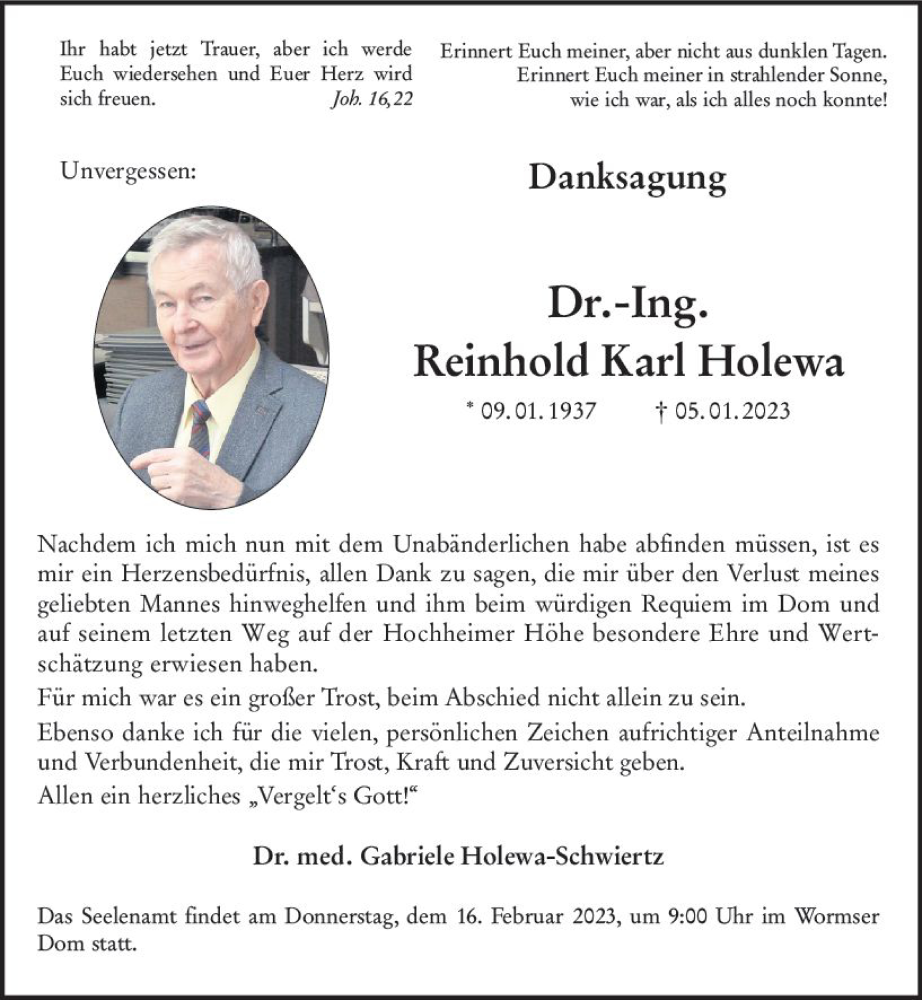  Traueranzeige für Reinhold Karl Holewa vom 28.01.2023 aus Wormser Zeitung