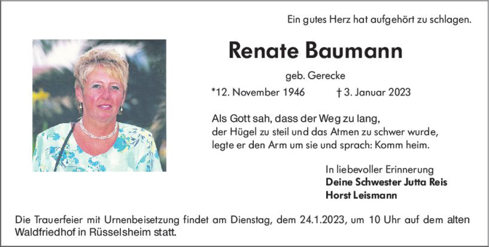  Traueranzeige für Renate Baumann vom 21.01.2023 aus Rüsselsheimer Echo