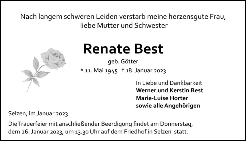  Traueranzeige für Renate Best vom 21.01.2023 aus Allgemeine Zeitung Mainz