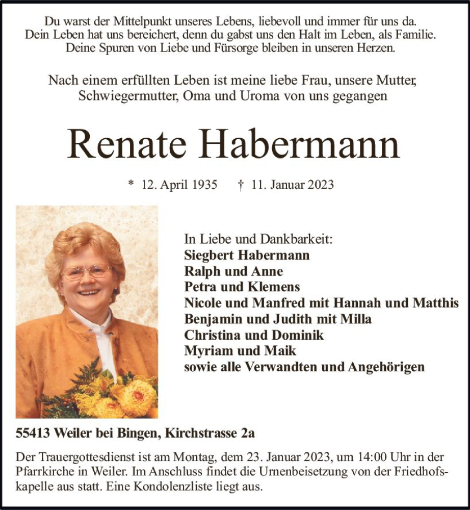  Traueranzeige für Renate Habermann vom 14.01.2023 aus Allgemeine Zeitung Ingelheim-Bingen