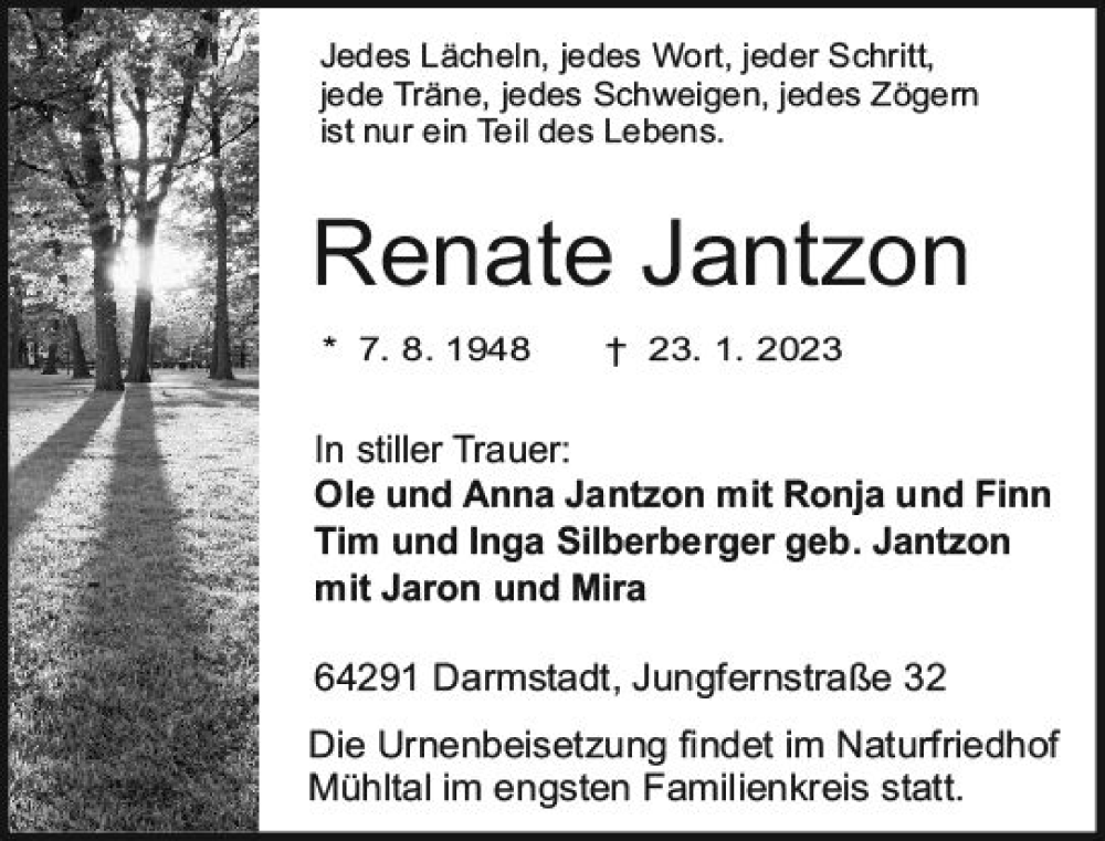  Traueranzeige für Renate Jantzon vom 28.01.2023 aus Darmstädter Echo