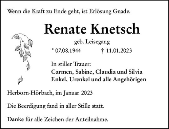 Traueranzeige von Renate Knetsch von Dill Block