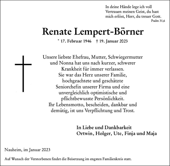 Traueranzeige von Renate Lempert-Börner von Rüsselsheimer Echo