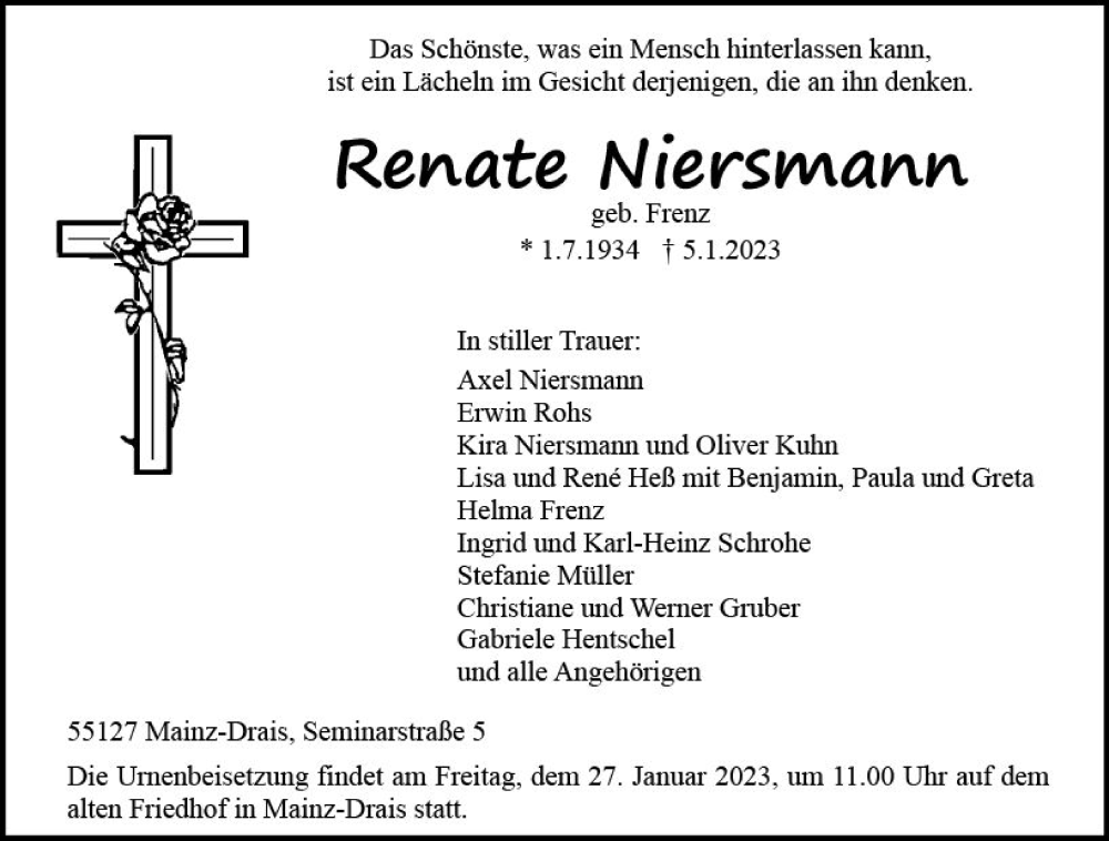  Traueranzeige für Renate Niersmann vom 21.01.2023 aus Allgemeine Zeitung Mainz