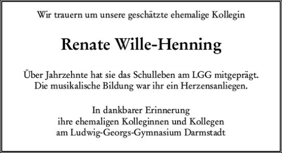 Traueranzeige von Renate Wille-Henning von Darmstädter Echo