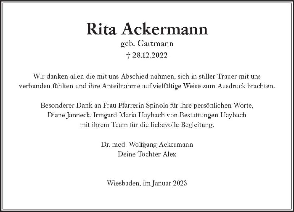  Traueranzeige für Rita Ackermann vom 21.01.2023 aus Wiesbadener Kurier gesamt