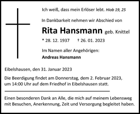 Traueranzeige von Rita Hansmann von Dill Block