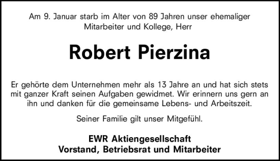 Traueranzeige von Robert Pierzina von Wormser Zeitung