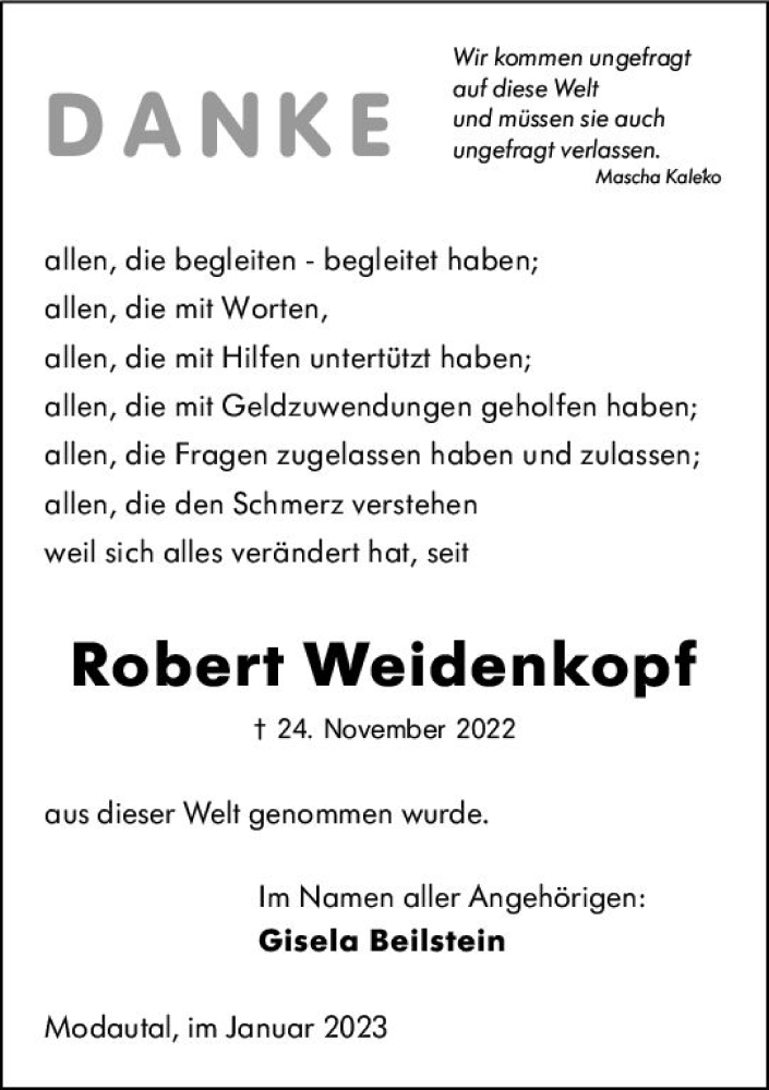  Traueranzeige für Robert Weidenkopf vom 28.01.2023 aus Darmstädter Echo